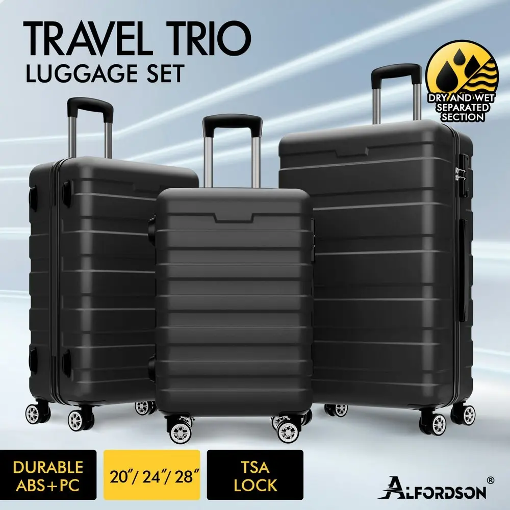 Alfordson Luggage 3PCS Set Suitcase Trolley TSA Carry on Hard Case Black