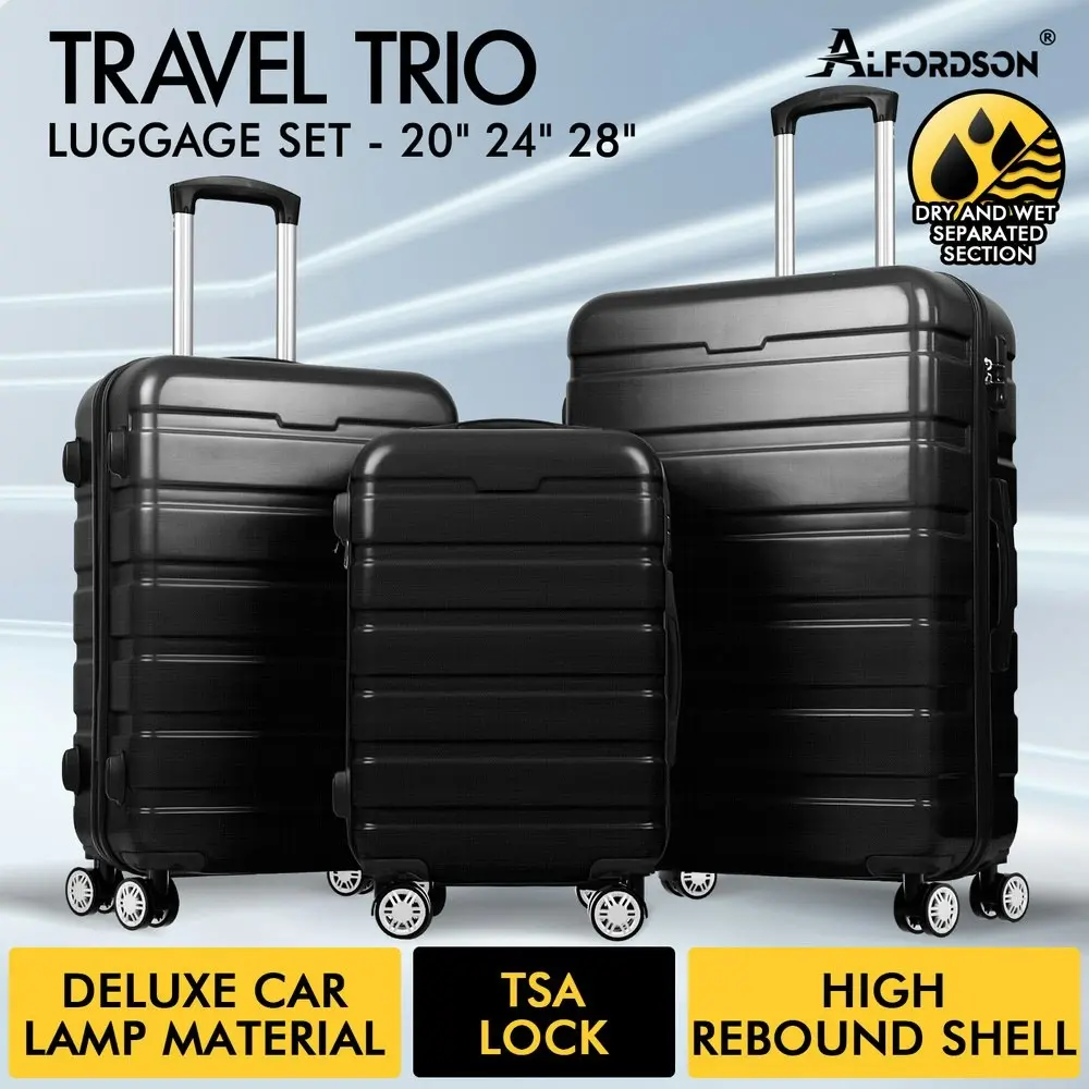 Alfordson Luggage 3PCS Set Suitcase Trolley TSA Carry on Hard Case Black