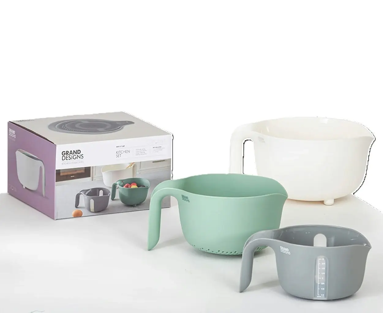 Grand Designs Kitchen Mix It Up 3 Piece Kitchen Set White/Green/Grey 3.3L Mixing Bowl/2L Colander/1L Measuring Jug