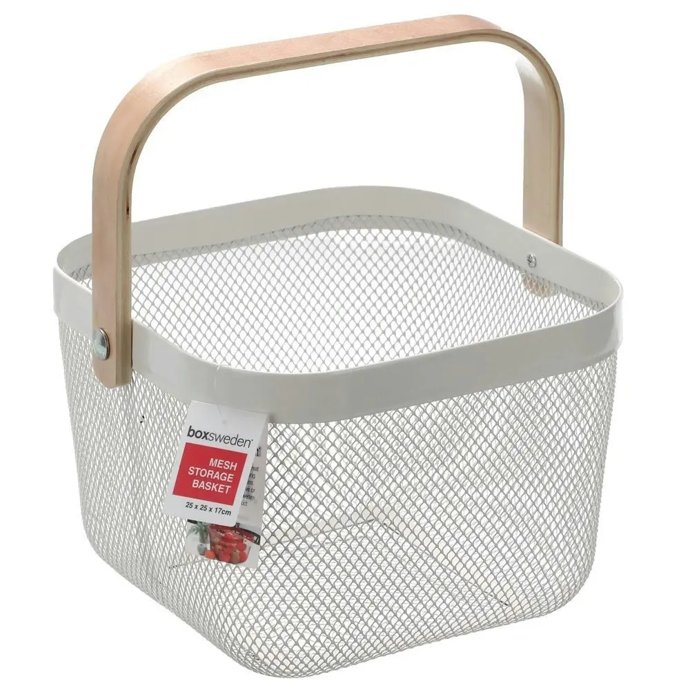 Box Sweden Mesh Storage Basket 25x25x17cm W/Wooden Handle - Red, White Or Black