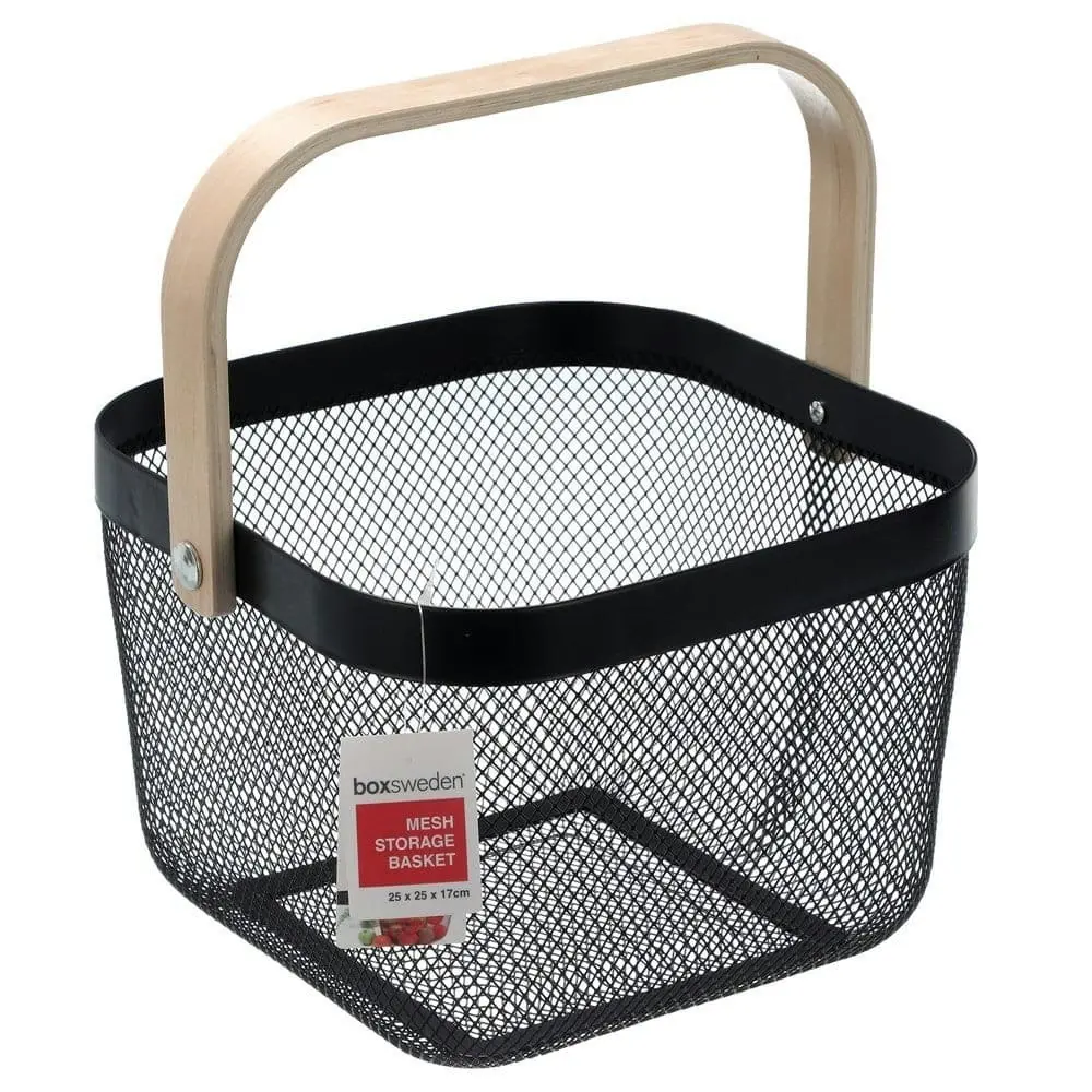 Box Sweden Mesh Storage Basket 25x25x17cm W/Wooden Handle - Red, White Or Black