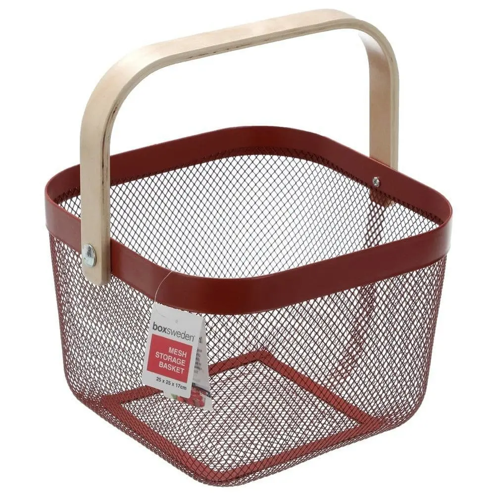 Box Sweden Mesh Storage Basket 25x25x17cm W/Wooden Handle - Red, White Or Black