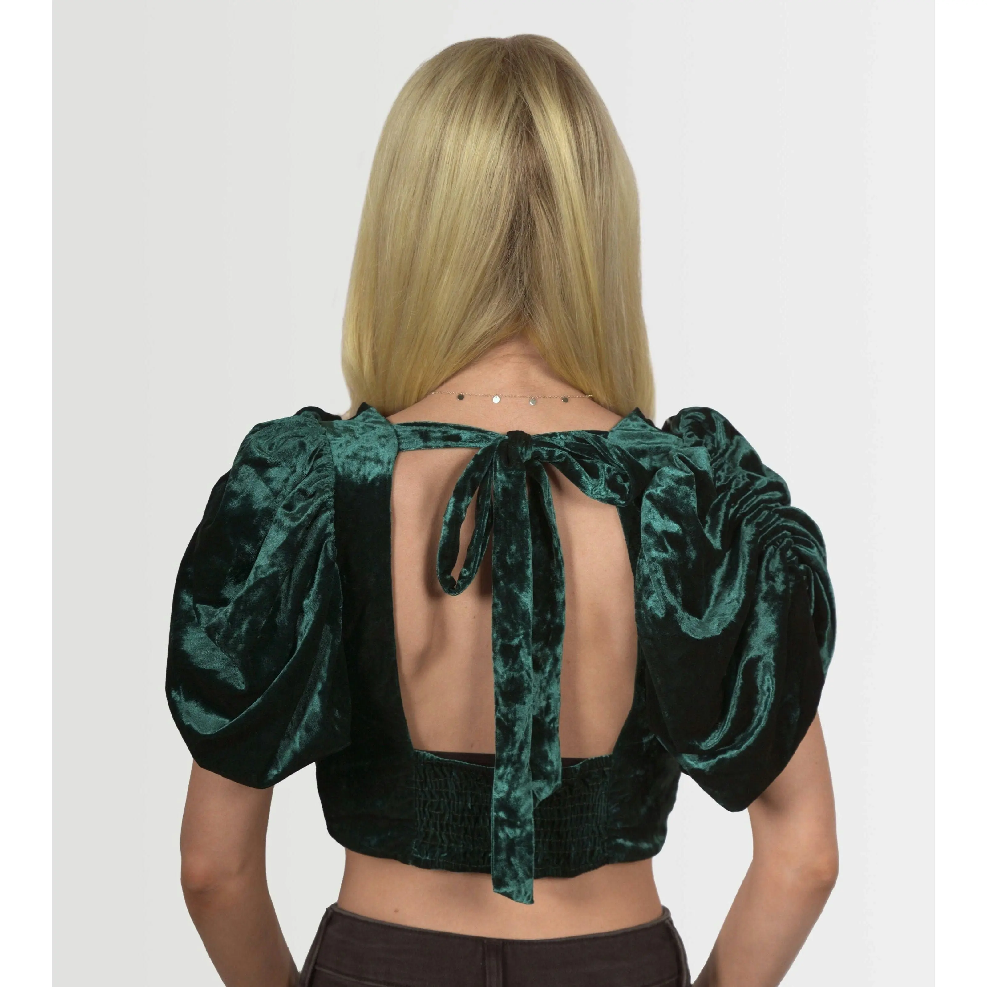 Topshop Women's Cropped Velvet Balloon Sleeve Blouse In Emerald Green