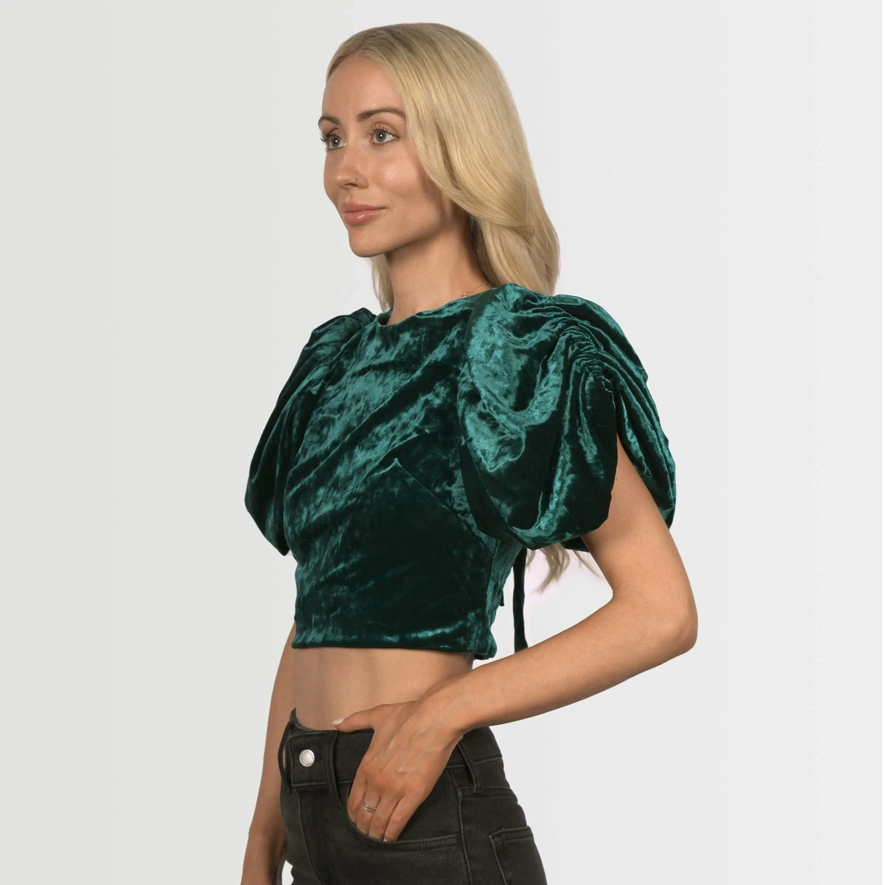 Topshop Women's Cropped Velvet Balloon Sleeve Blouse In Emerald Green