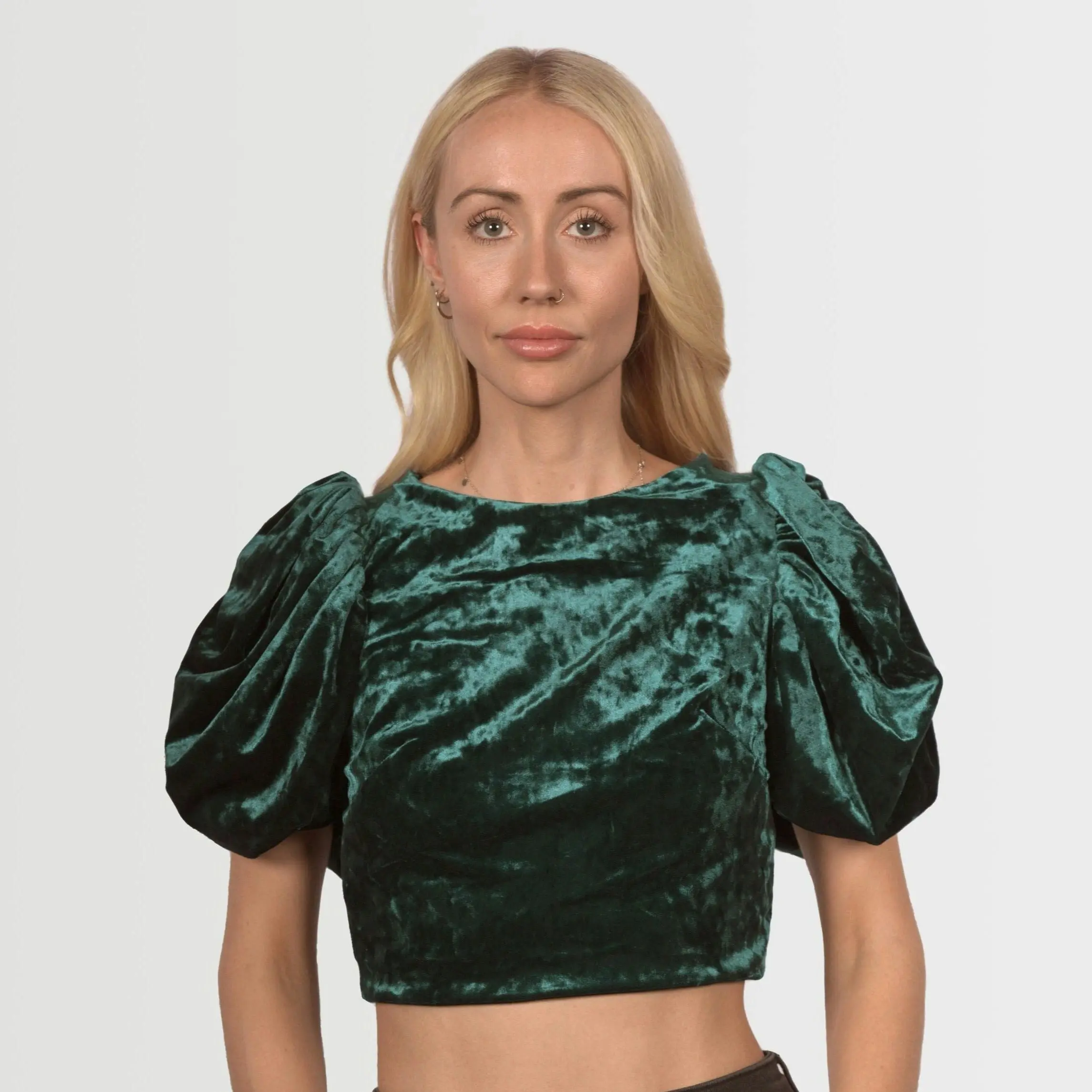 Topshop Women's Cropped Velvet Balloon Sleeve Blouse In Emerald Green