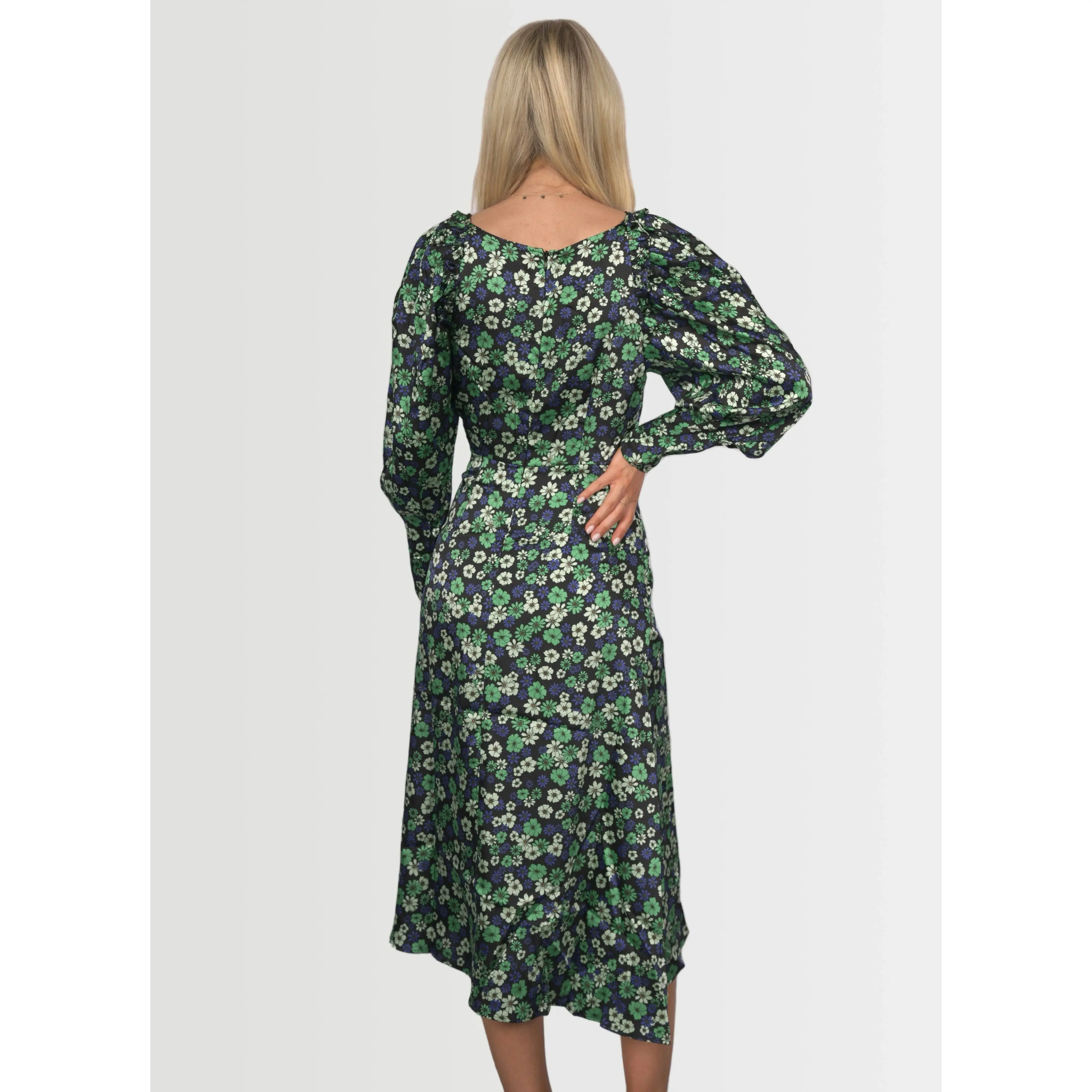 Topshop Women's Longsleeve Satin Floral Print Midi Dress - Green