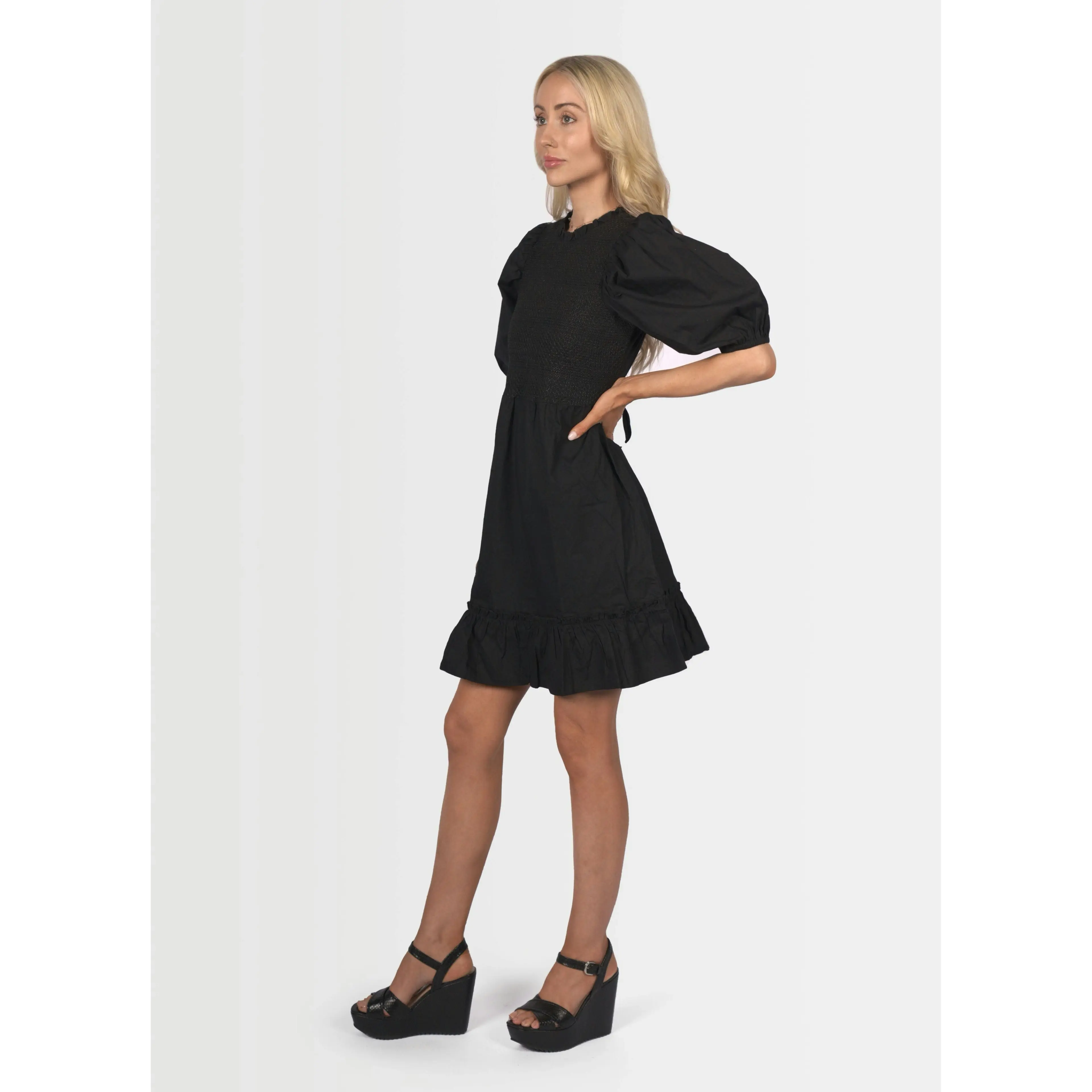 Miss Selfridge Women's Short Sleeve Tie Waist Knee Length Black Dress