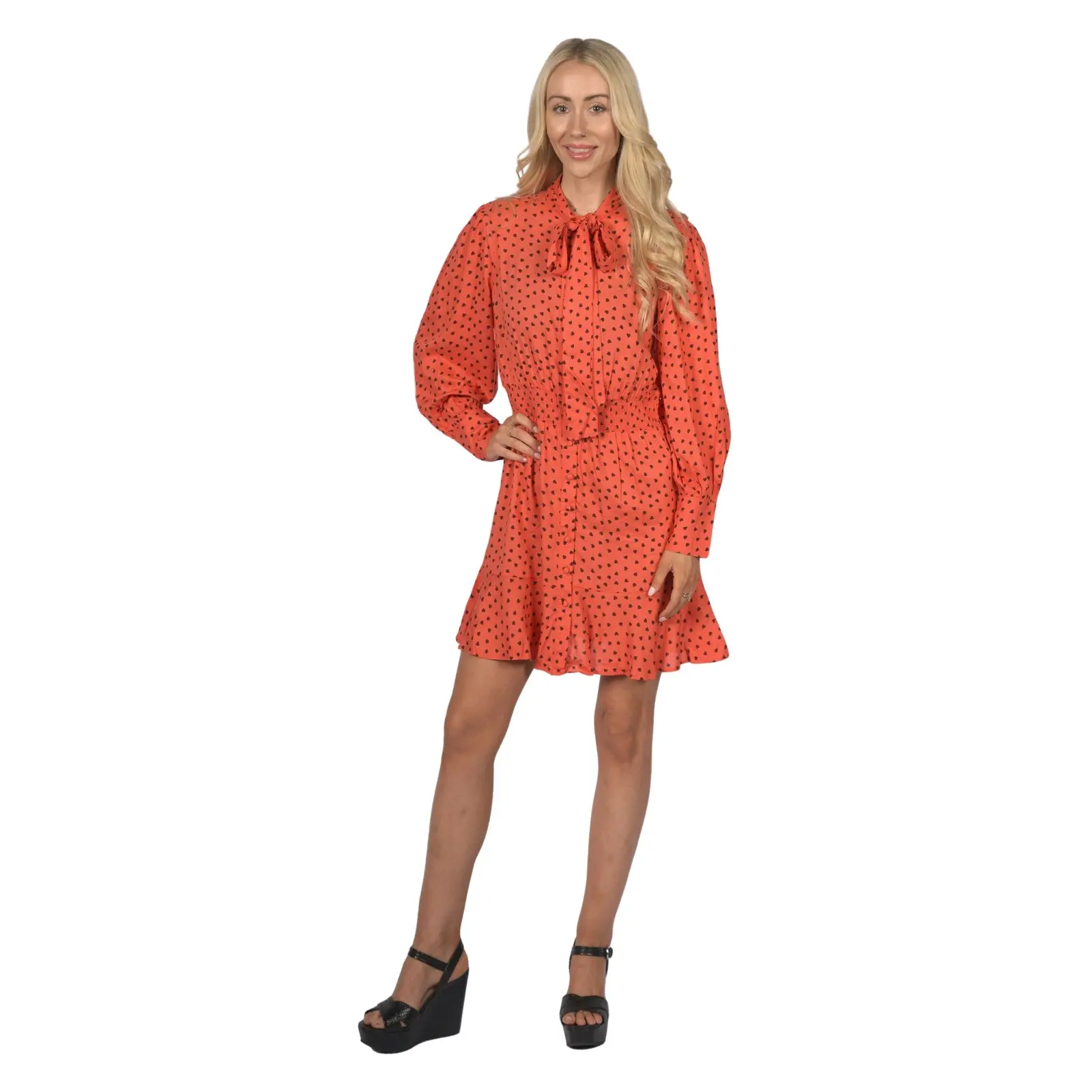 Topshop Women's Long Sleeve Orange Heart Print Dress