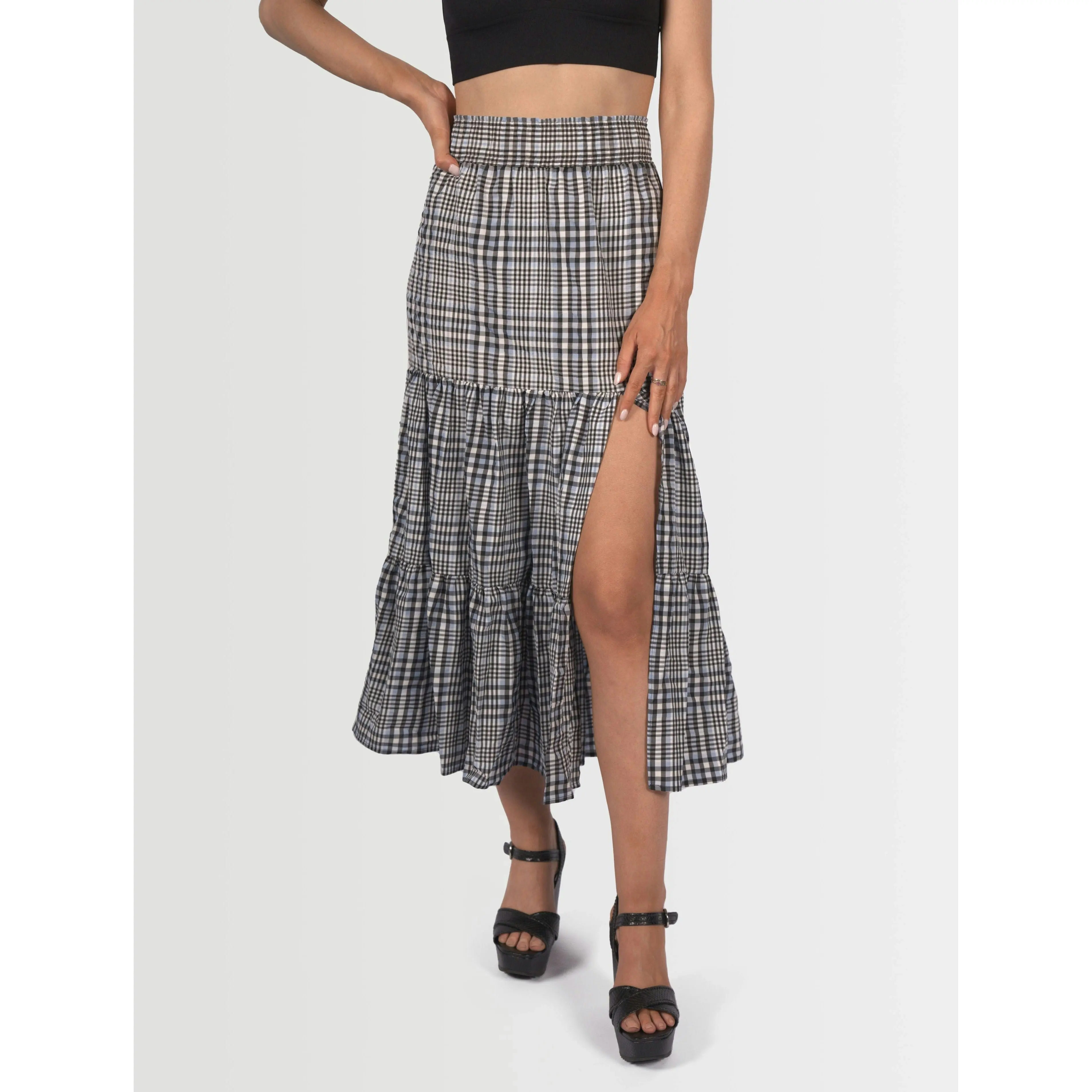 Topshop Women's Gingham Split Midi Skirt - Black, White & Blue