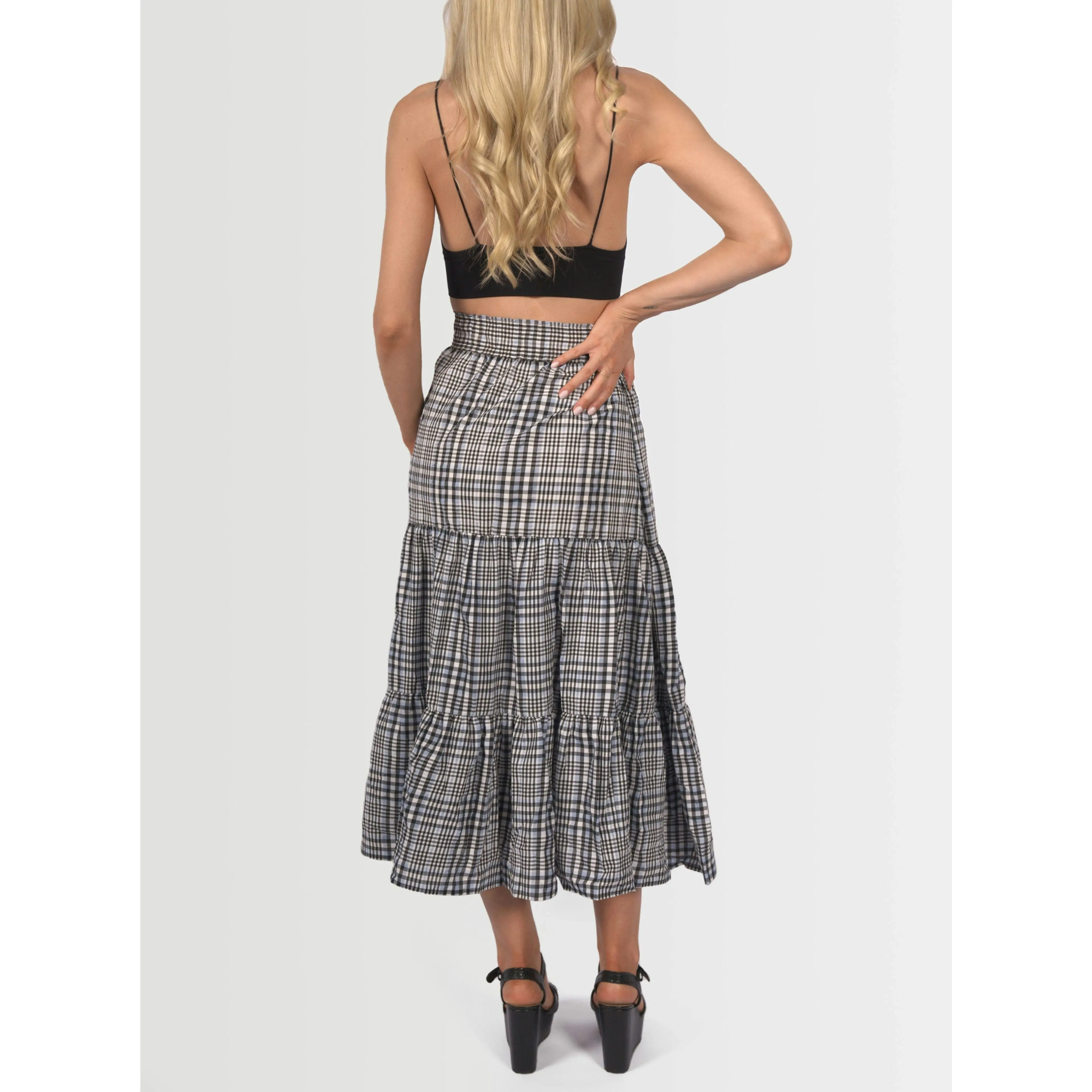 Topshop Women's Gingham Split Midi Skirt - Black, White & Blue