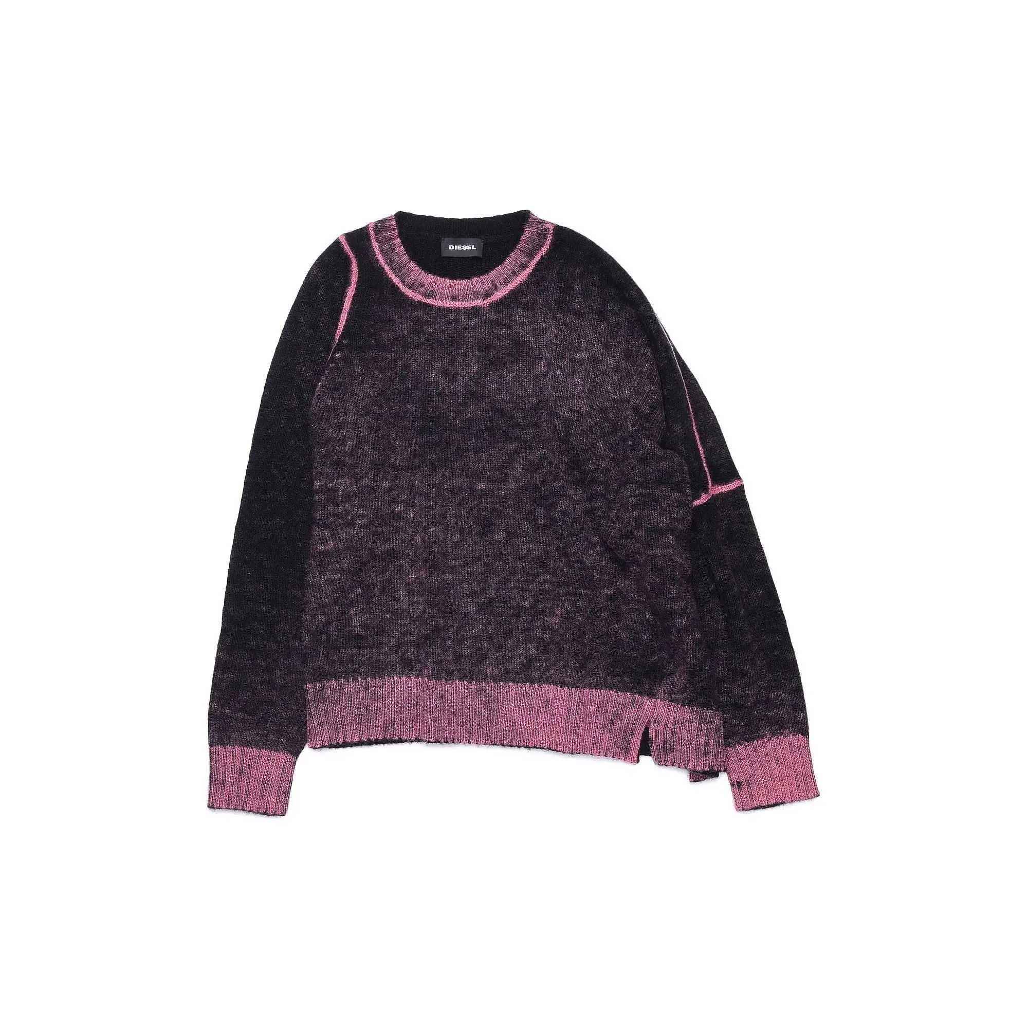 Diesel Girls Black Asymmetrical Wool Sweater With Pink Stitching