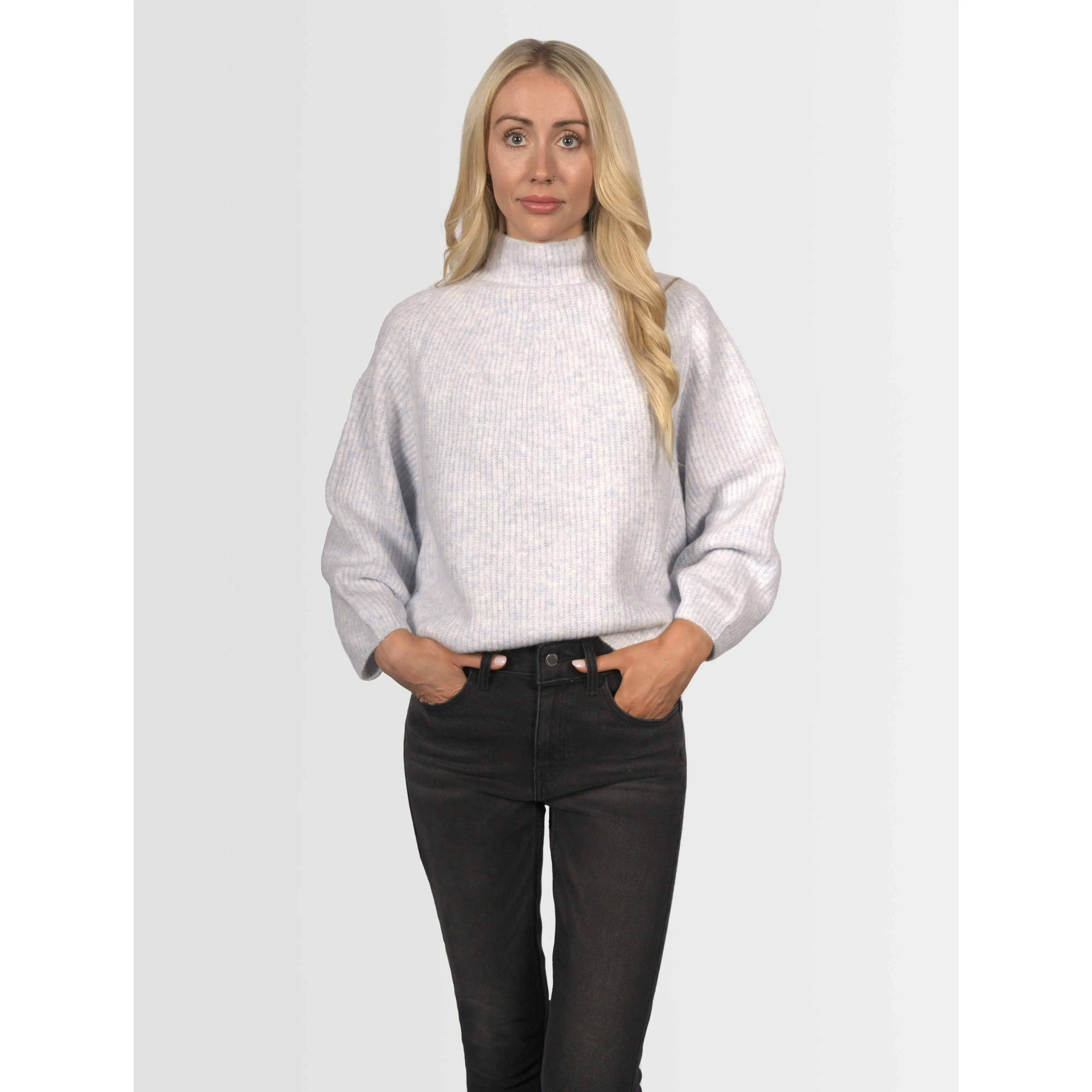 Topshop Women's Funnel Neck Knit Jumper - Grey Blue