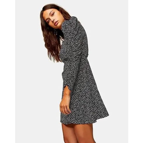 Topshop Women's Long Sleeve Spotted Mini Dress - Monochrome