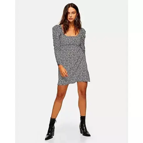 Topshop Women's Long Sleeve Spotted Mini Dress - Monochrome