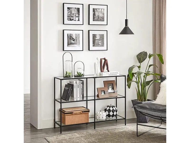 VASAGLE Black Frame Glass Console Table with Shelves