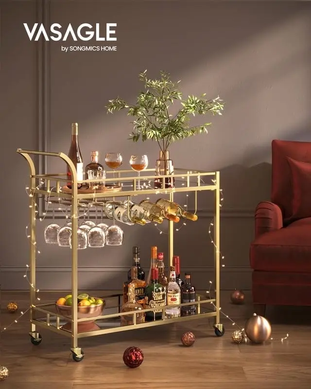 VASAGLE Bar Cart Gold, Home Bar Serving Cart, Wine Cart with 2 Mirrored Shelves, Wine Holders, Glass Holders, for Kitchen, Dining Room, Gold