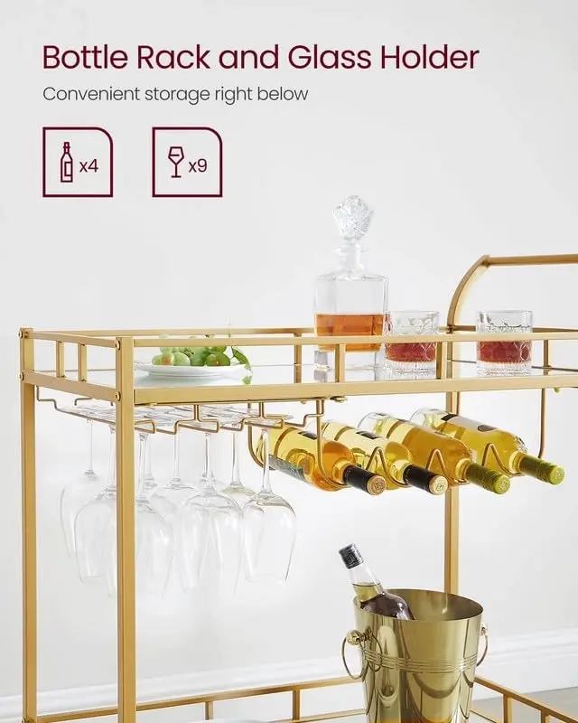 VASAGLE Bar Cart Gold, Home Bar Serving Cart, Wine Cart with 2 Mirrored Shelves, Wine Holders, Glass Holders, for Kitchen, Dining Room, Gold