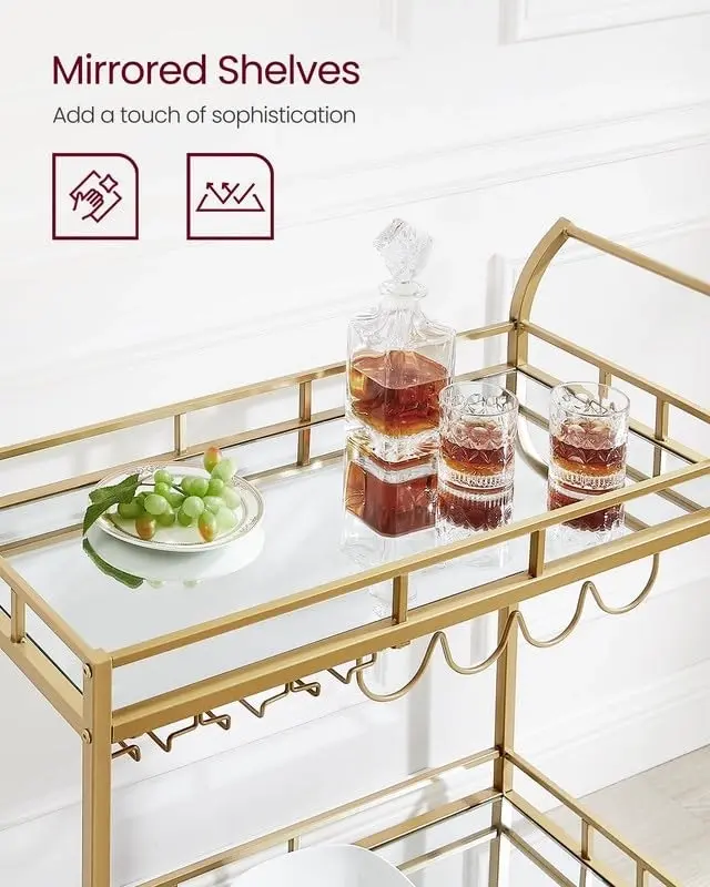 VASAGLE Bar Cart Gold, Home Bar Serving Cart, Wine Cart with 2 Mirrored Shelves, Wine Holders, Glass Holders, for Kitchen, Dining Room, Gold