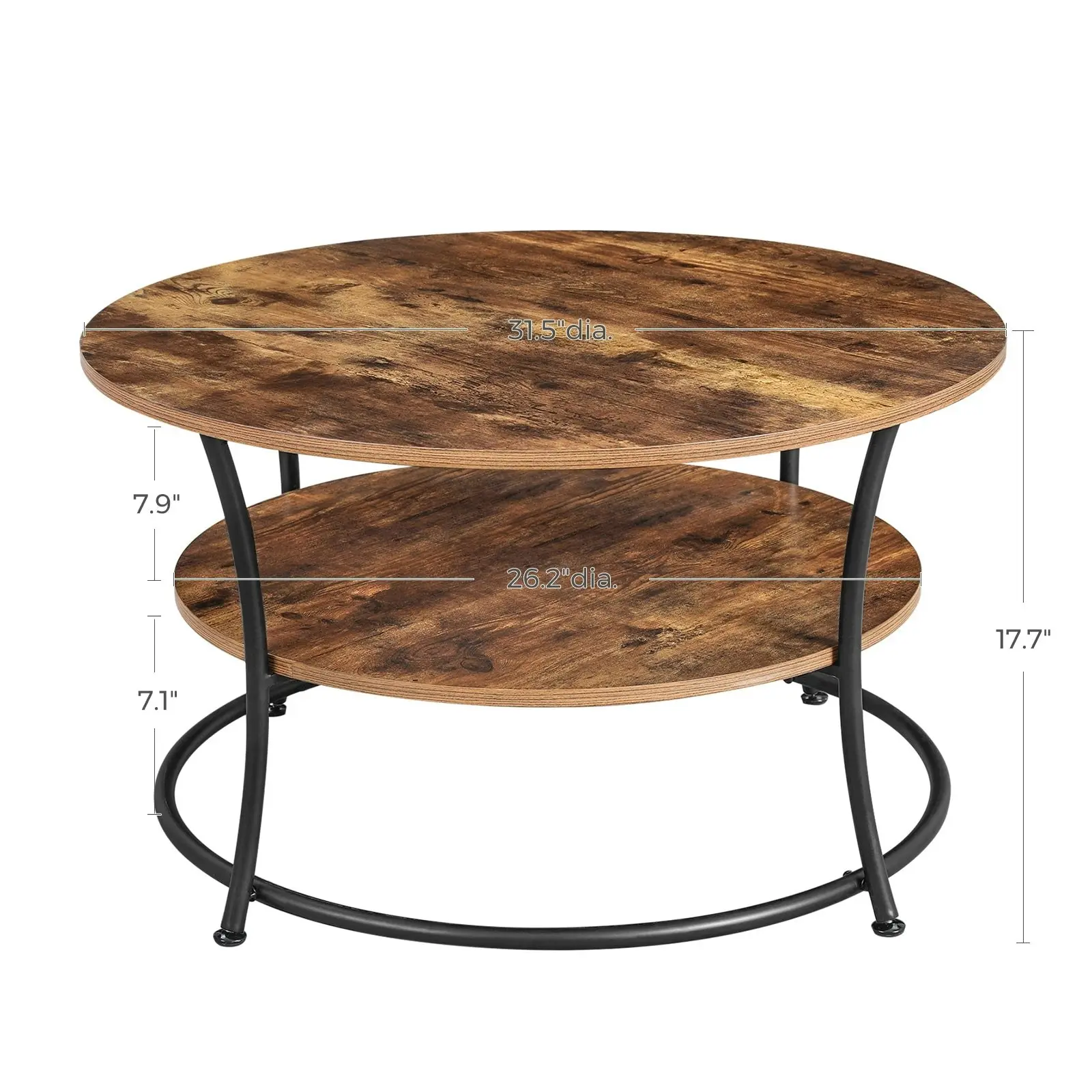 VASAGLE Coffee Table, Round Cocktail Table with Shelf, Tea Table, Easy Assembly, Metal, Industrial Design, Rustic Brown LCT80BX