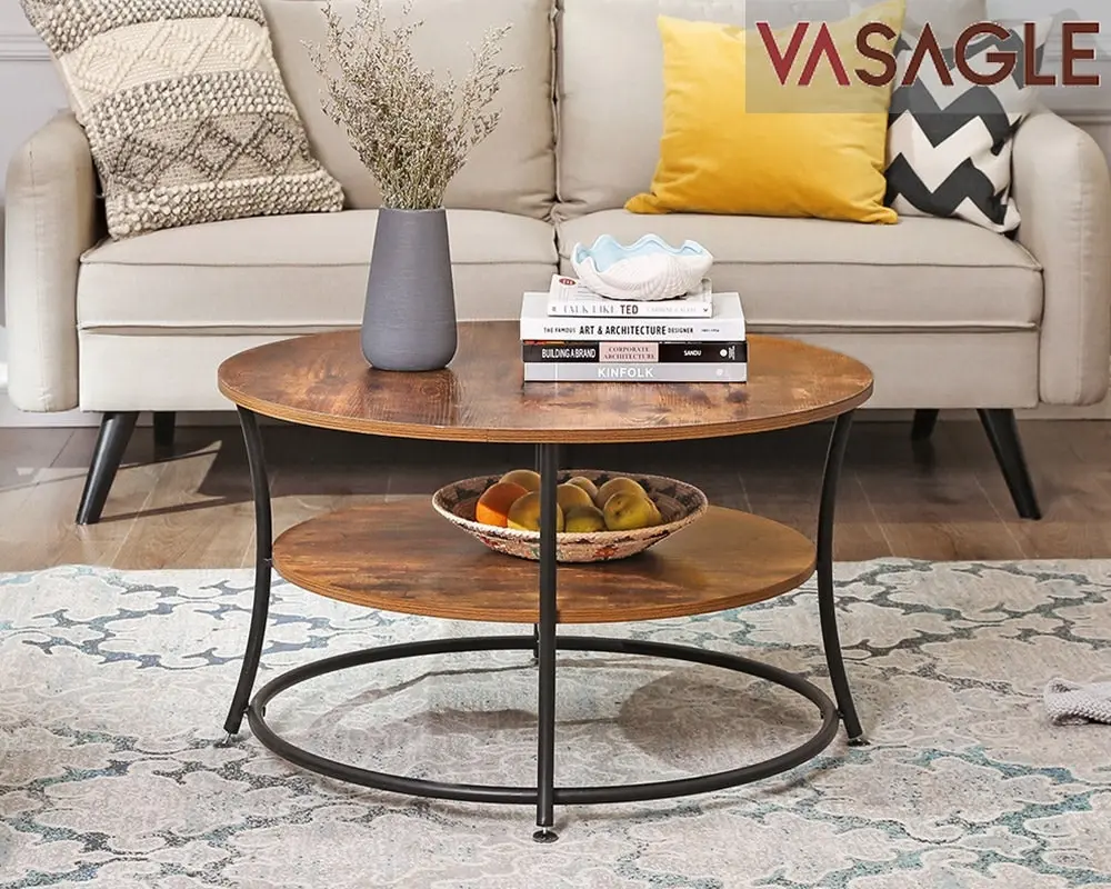 VASAGLE Coffee Table, Round Cocktail Table with Shelf, Tea Table, Easy Assembly, Metal, Industrial Design, Rustic Brown LCT80BX