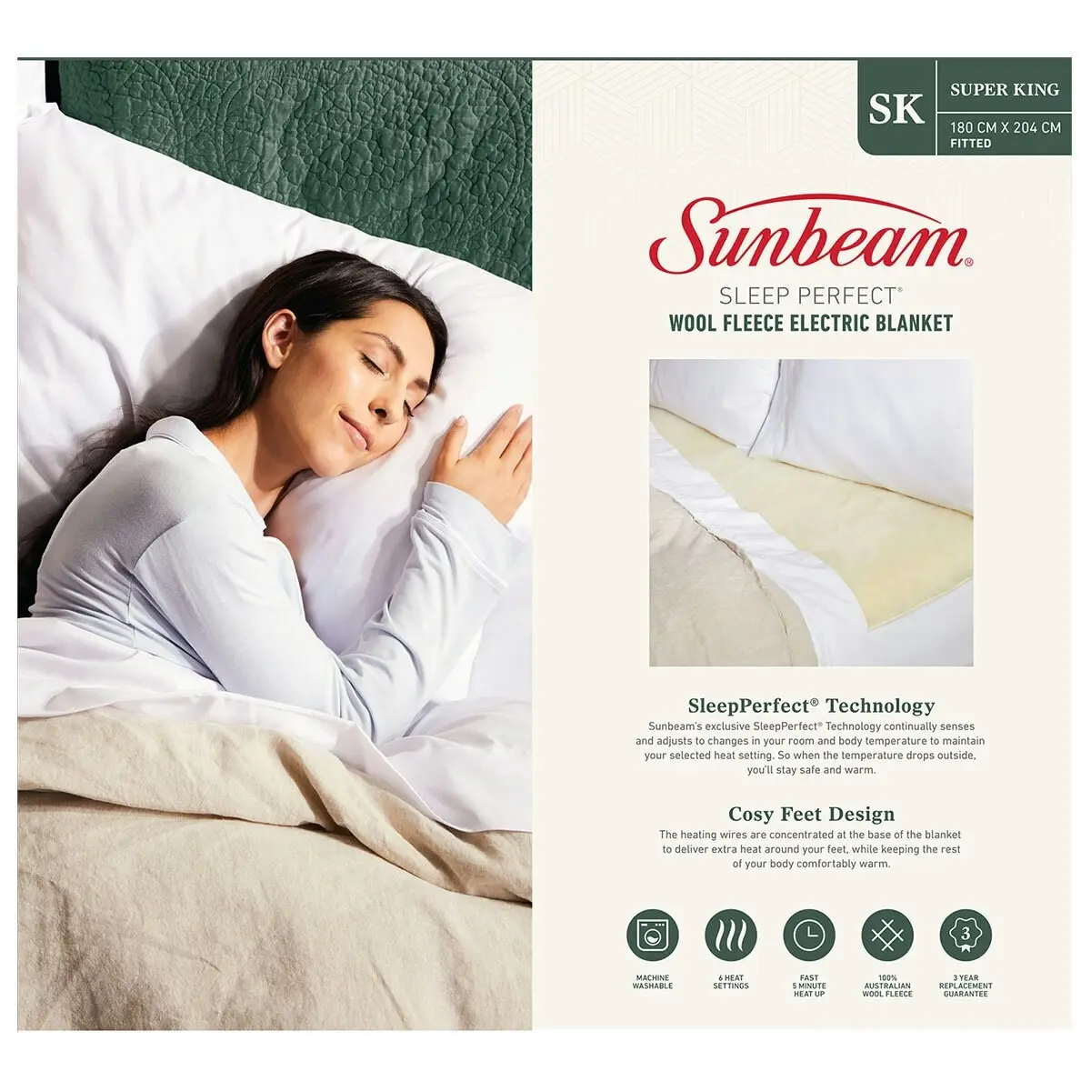 Sunbeam Sleep Perfect Wool Fleece Electric Blanket Super King