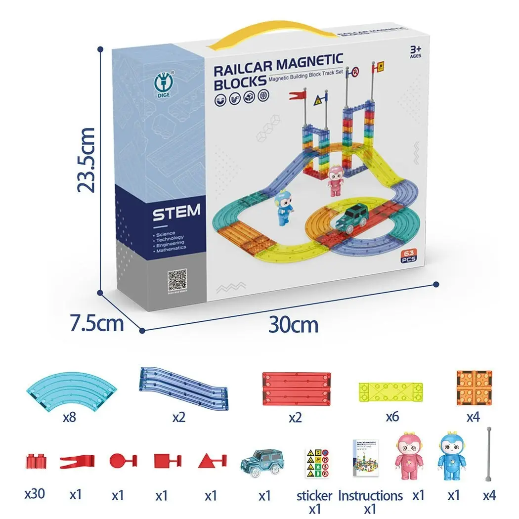 Kids Magnetic Tiles Blocks Railcar Building Educational Toys Children Gift Play 63PCS