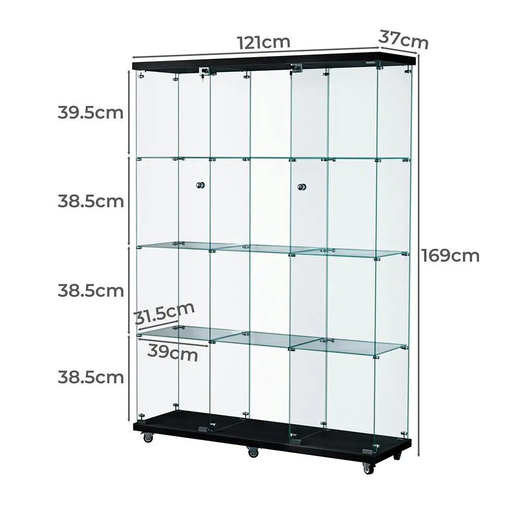 Stacked Wheeled Glass Display Cabinet Lockable Key Clear Showcase Storage 169cm