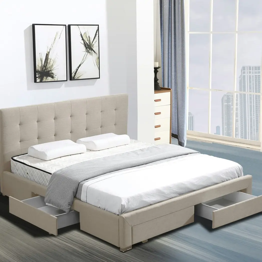 Levede Fabric Bed Frame Queen Tufted 4 Drawers Storage Wooden Mattress Beige