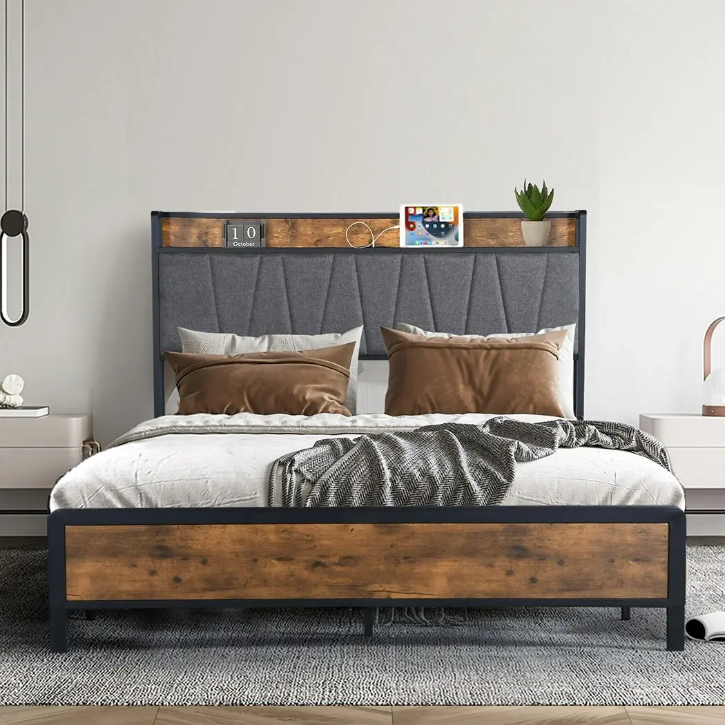 Levede Double Bed Frame Industrial Tufted Noise Free Headboard USB Charge