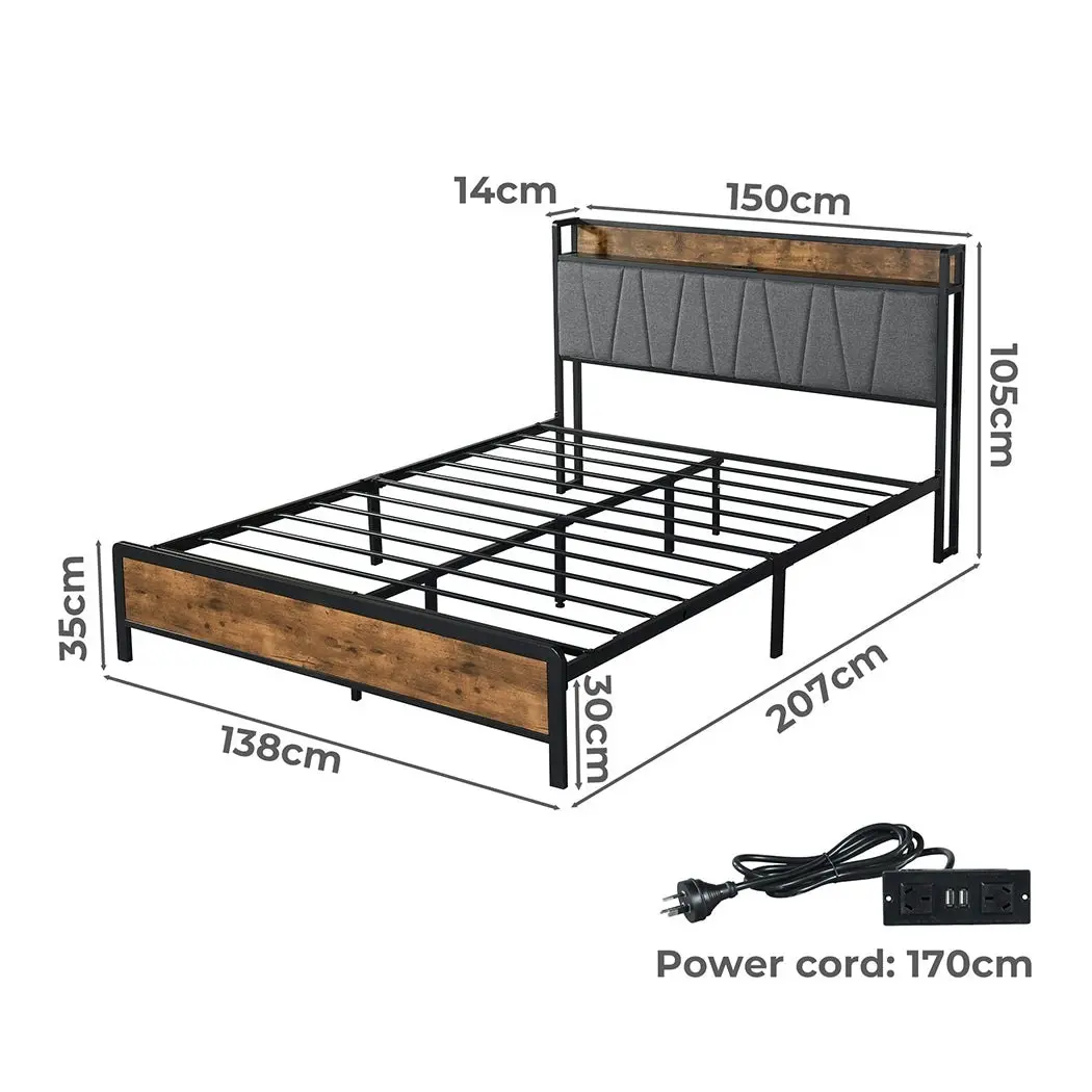 Levede Double Bed Frame Industrial Tufted Noise Free Headboard USB Charge