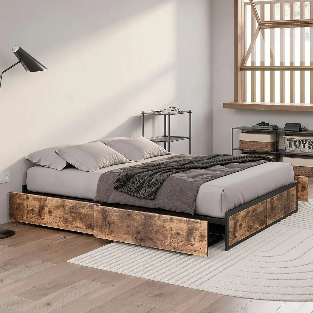 Levede Metal Bed Frame Mattress Base Platform Wooden 4 Drawers Queen Rustic