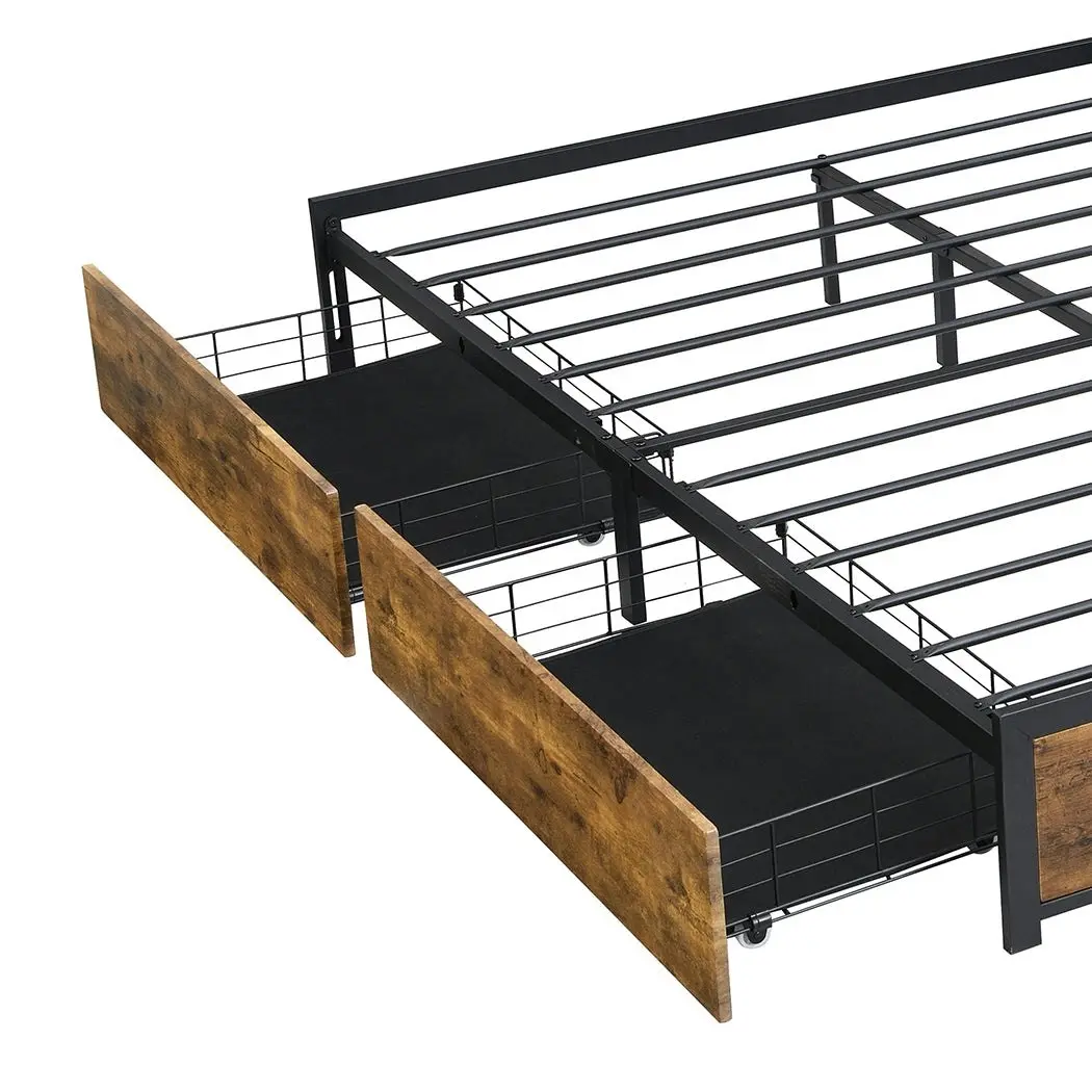 Levede Metal Bed Frame Mattress Base Platform Wooden 4 Drawers Queen Rustic