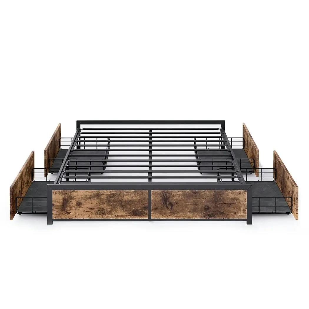 Levede Metal Bed Frame Mattress Base Platform Wooden 4 Drawers Queen Rustic