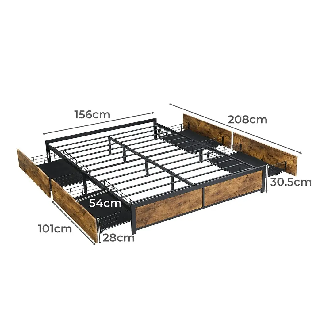 Levede Metal Bed Frame Mattress Base Platform Wooden 4 Drawers Queen Rustic