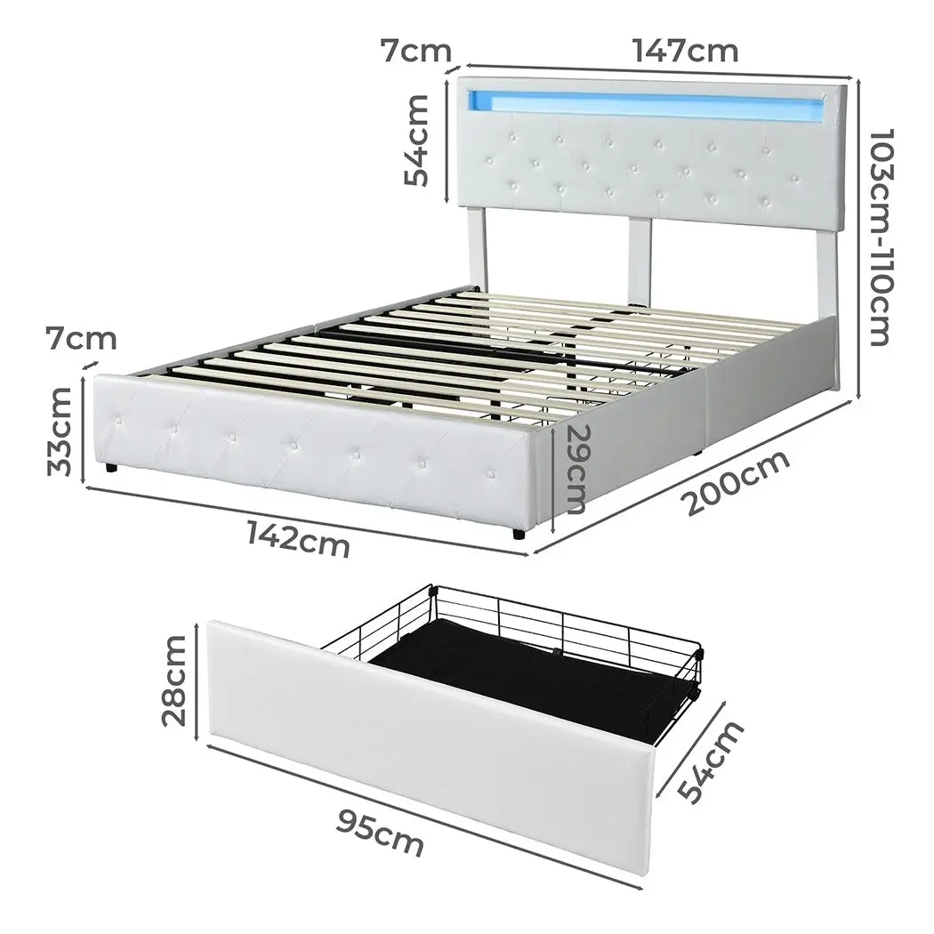 Levede Double Bed Frame RGB LED PU Leather Mattress Base 4 Drawer USB Charge