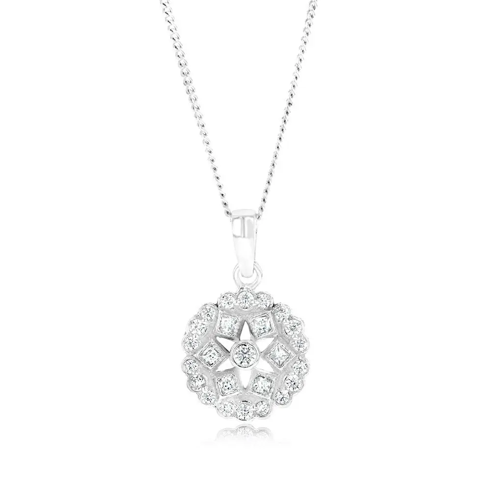 Sterling Silver Geometric Flower Cubic Zirconia Pendant