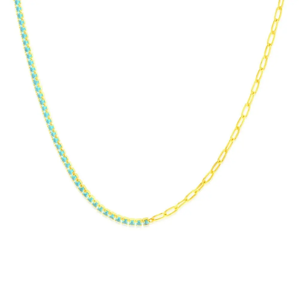 Sterling Silver Gold Plated Green Zirconia Paperclip 45.7cm Chain