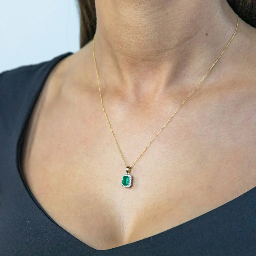 1 Carat Natural Emerald & Diamond Pendant with 45cm Chain in 9ct Yellow Gold