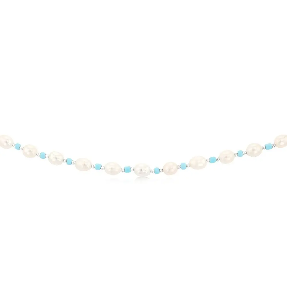 White Freshwater Pearl Chain with Blue & Silver Beads in Sterling Silver