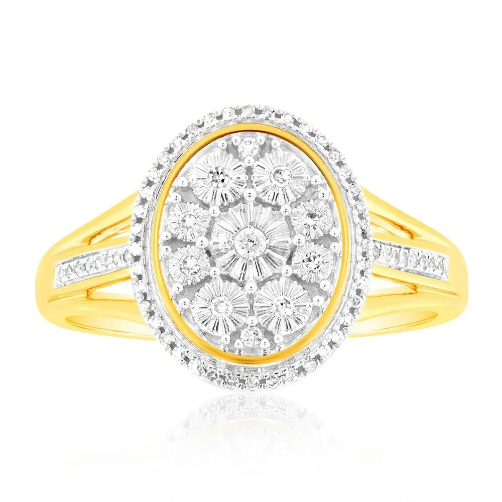 9ct Yellow Gold 1/10 Carat Diamond Ring set with 64 Round Brilliant Cut Diamonds