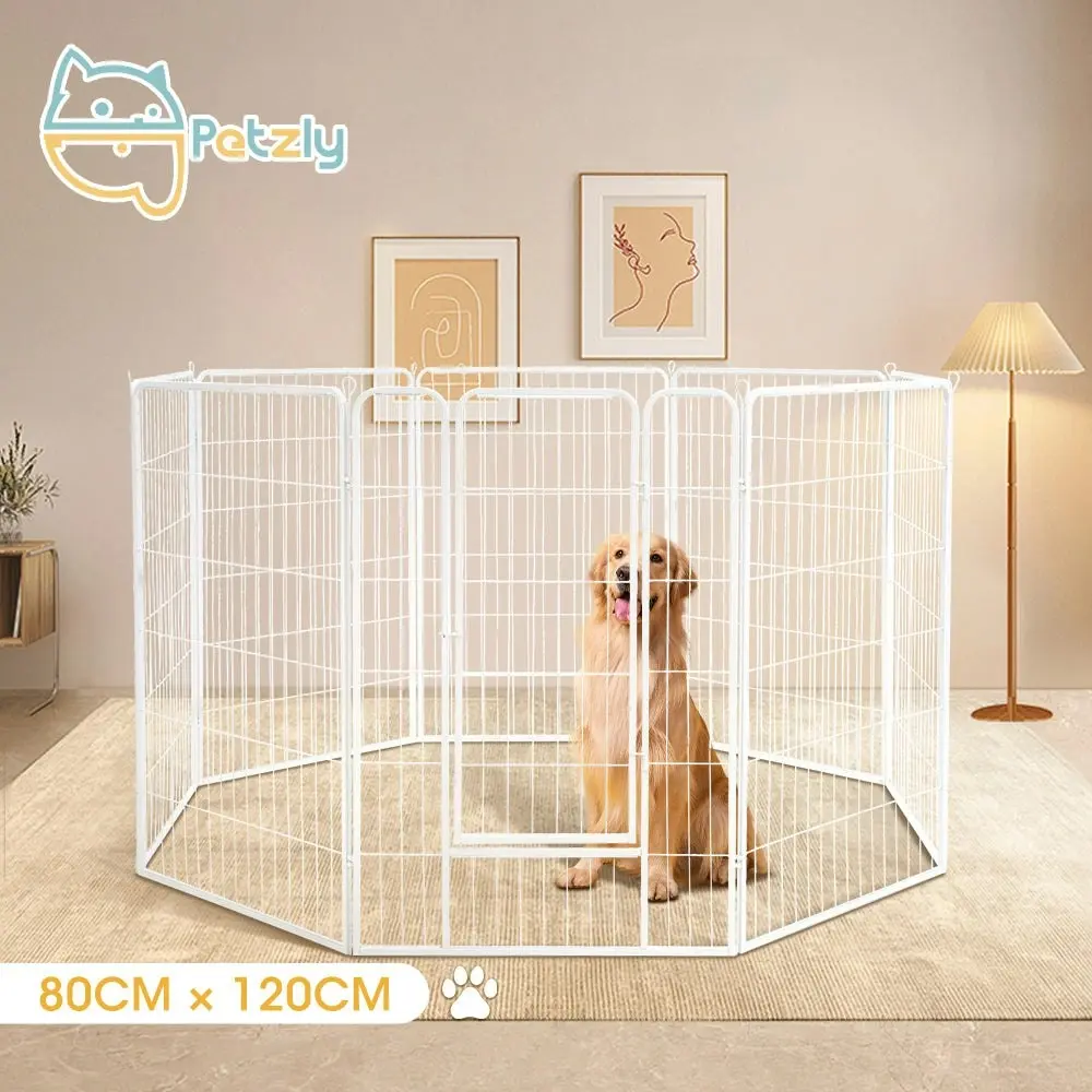 Petzly Dog Playpen Puppy Exercise Cage Pet Cage Enclosure 8 Panel 80x120CM White