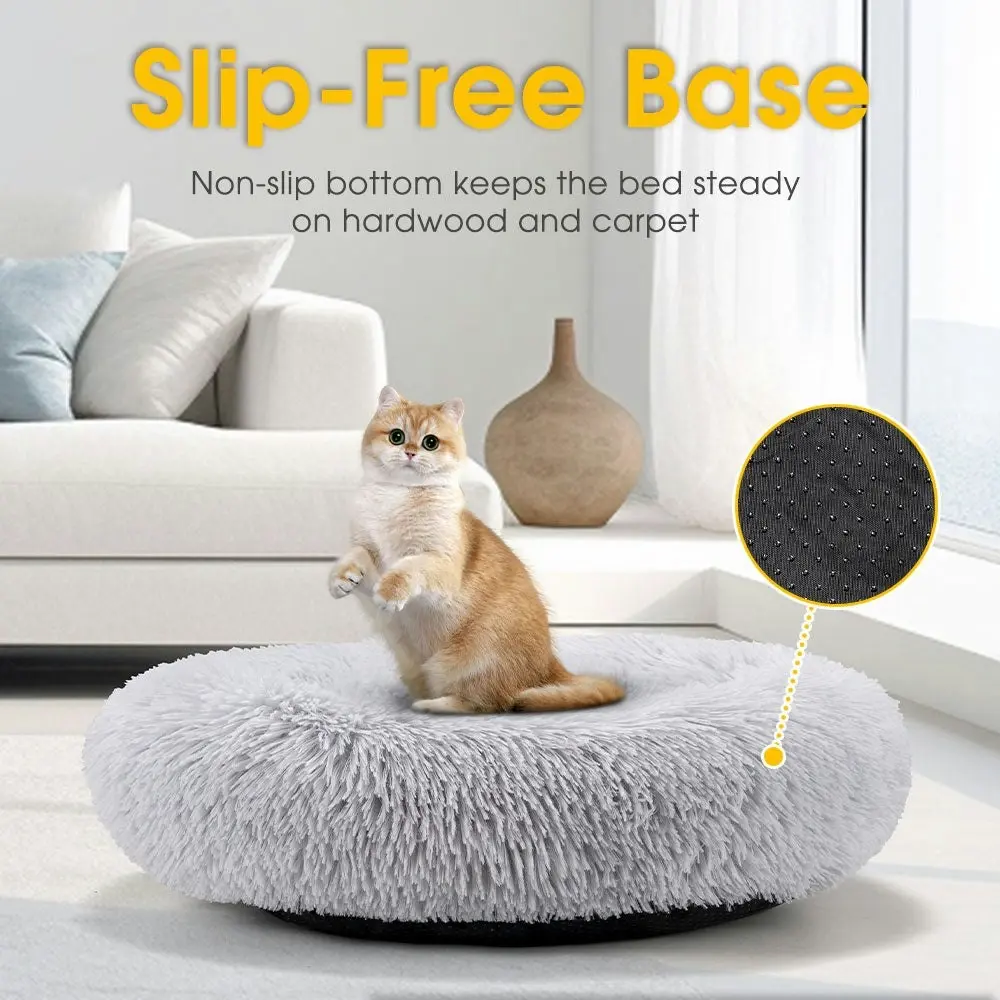 Petzly Dog Cat Calming Bed Warm Soft Plush Round Waterproof 80CM Bed Light Grey