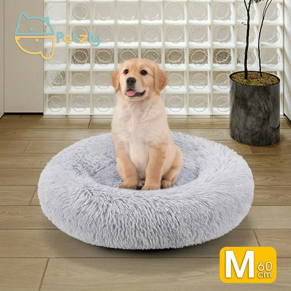 Petzly Dog Cat Calming Bed Warm Soft Plush Round Waterproof 60CM Bed Light Grey