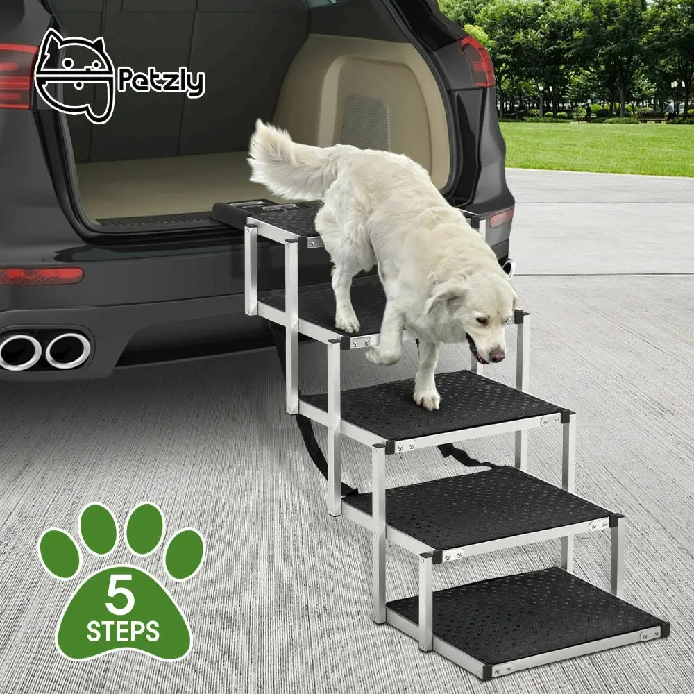 Petzly Foldable Dog Ramps 5 Steps Adjustable Height Dog Stair Portable Aluminium