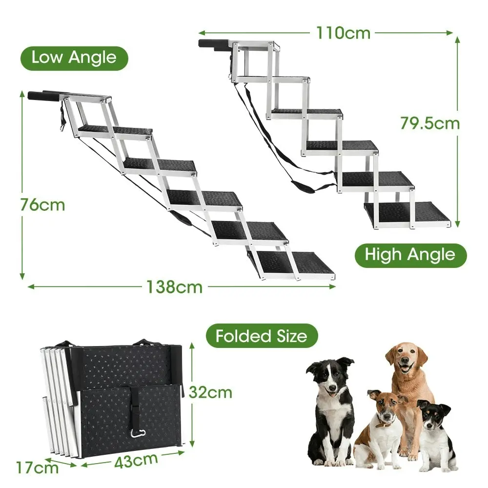 Petzly Foldable Dog Ramps 6 Steps Adjustable Height Dog Stair Portable Aluminium