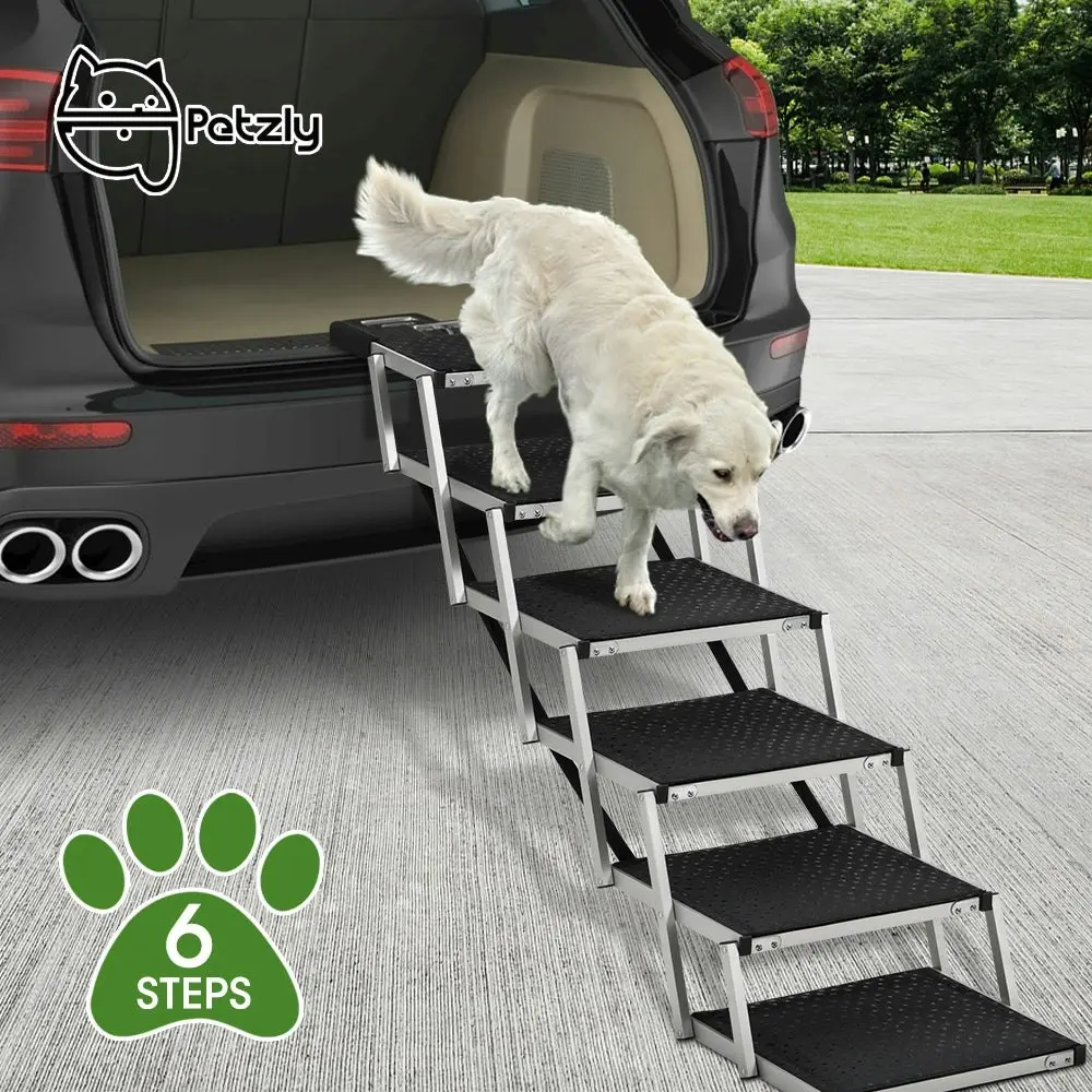 Petzly Foldable Dog Ramps 6 Steps Adjustable Height Dog Stair Portable Aluminium