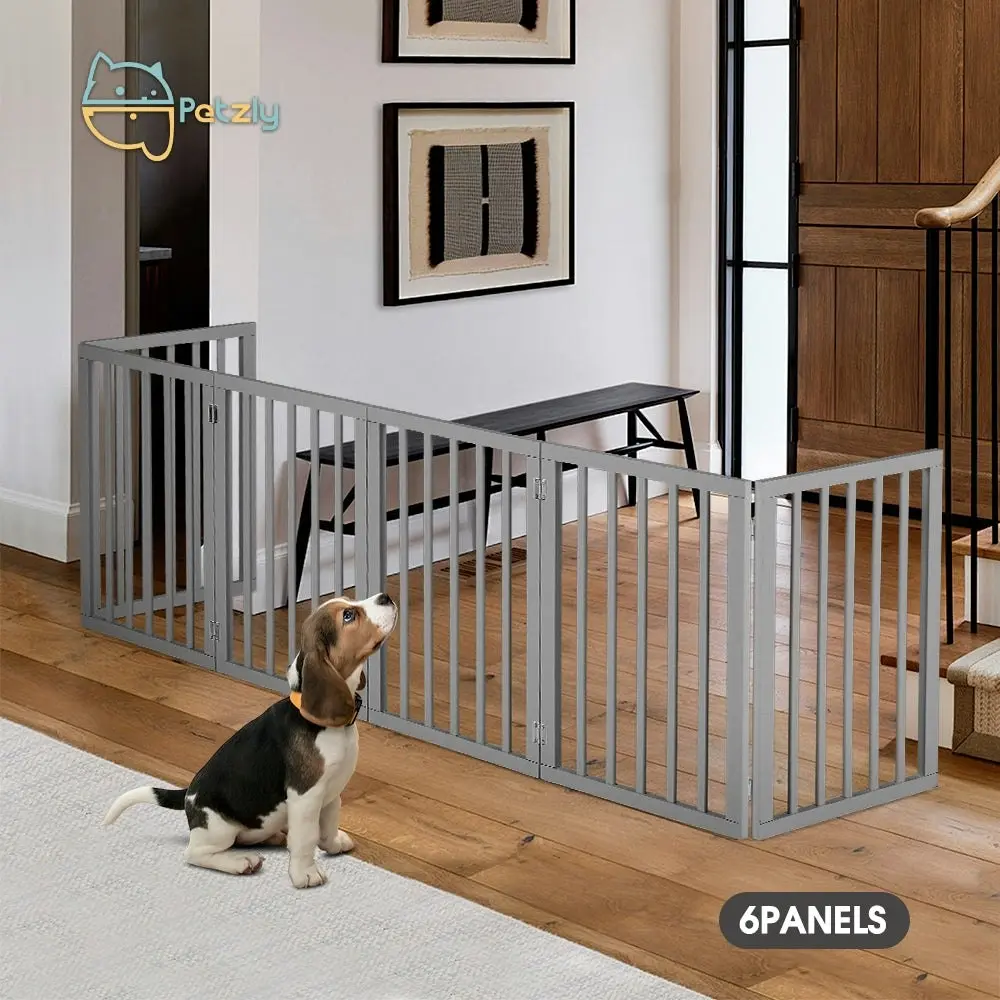 Petzly Wooden Pet Gate Dog Fence Safety Barrier Security Door 6 Panel 61cm Grey