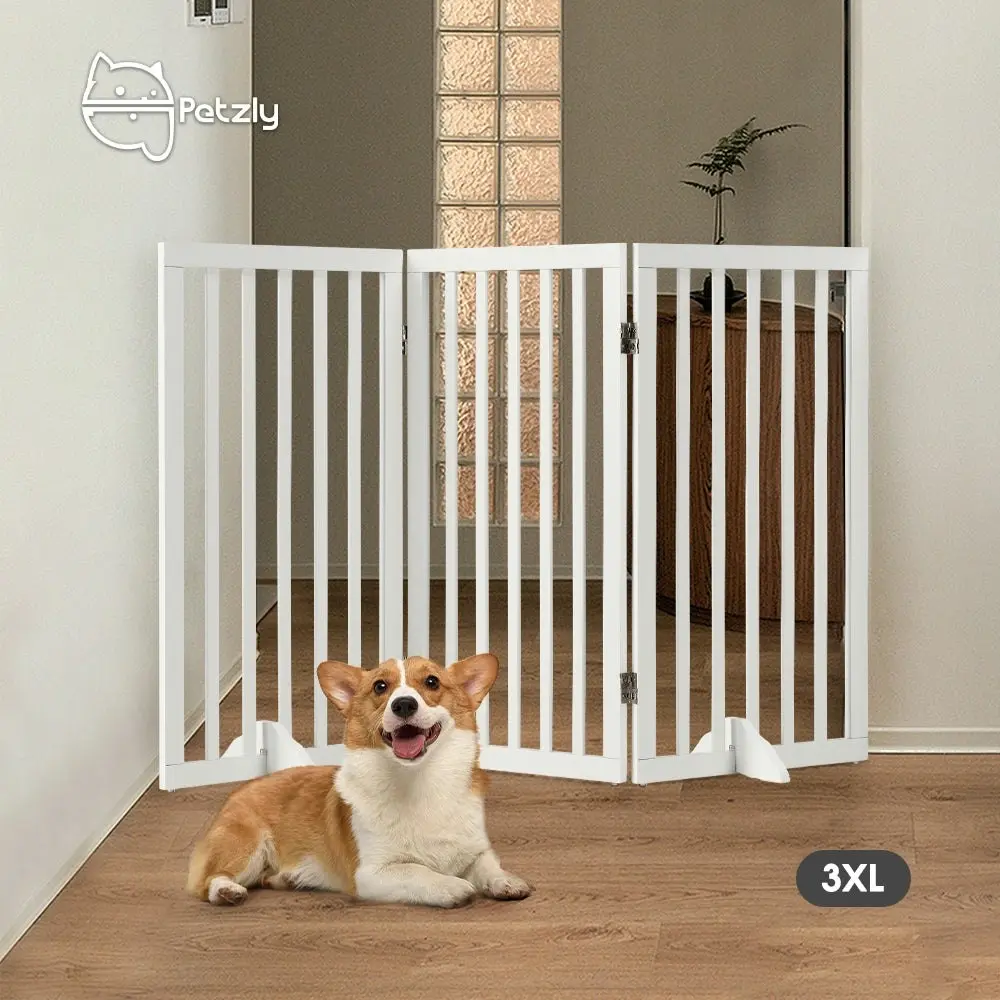 Petzly Pet Gate Dog Fence Safety Barrier with Support Feet 3 Panel 80cm White