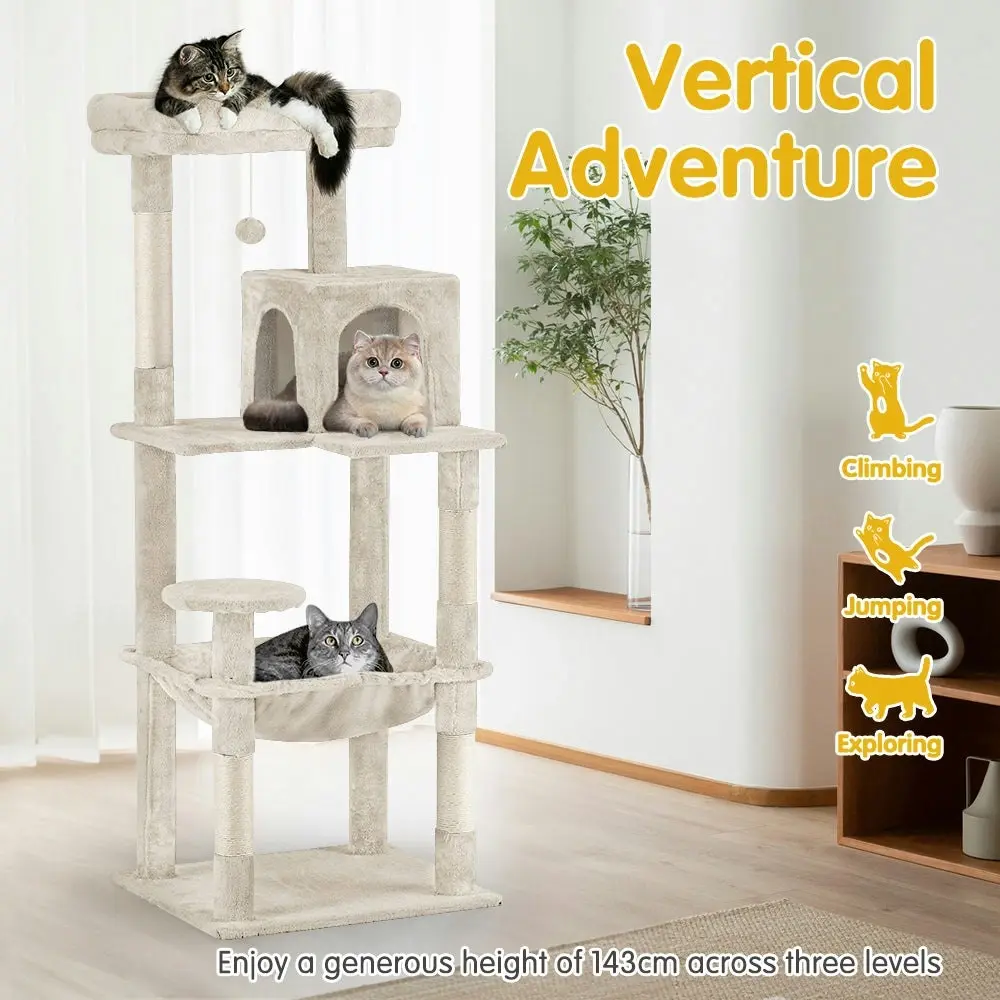 Petzly Cat Tree Tower Scratching Post Scratcher Condo House Bed 142cm Beige