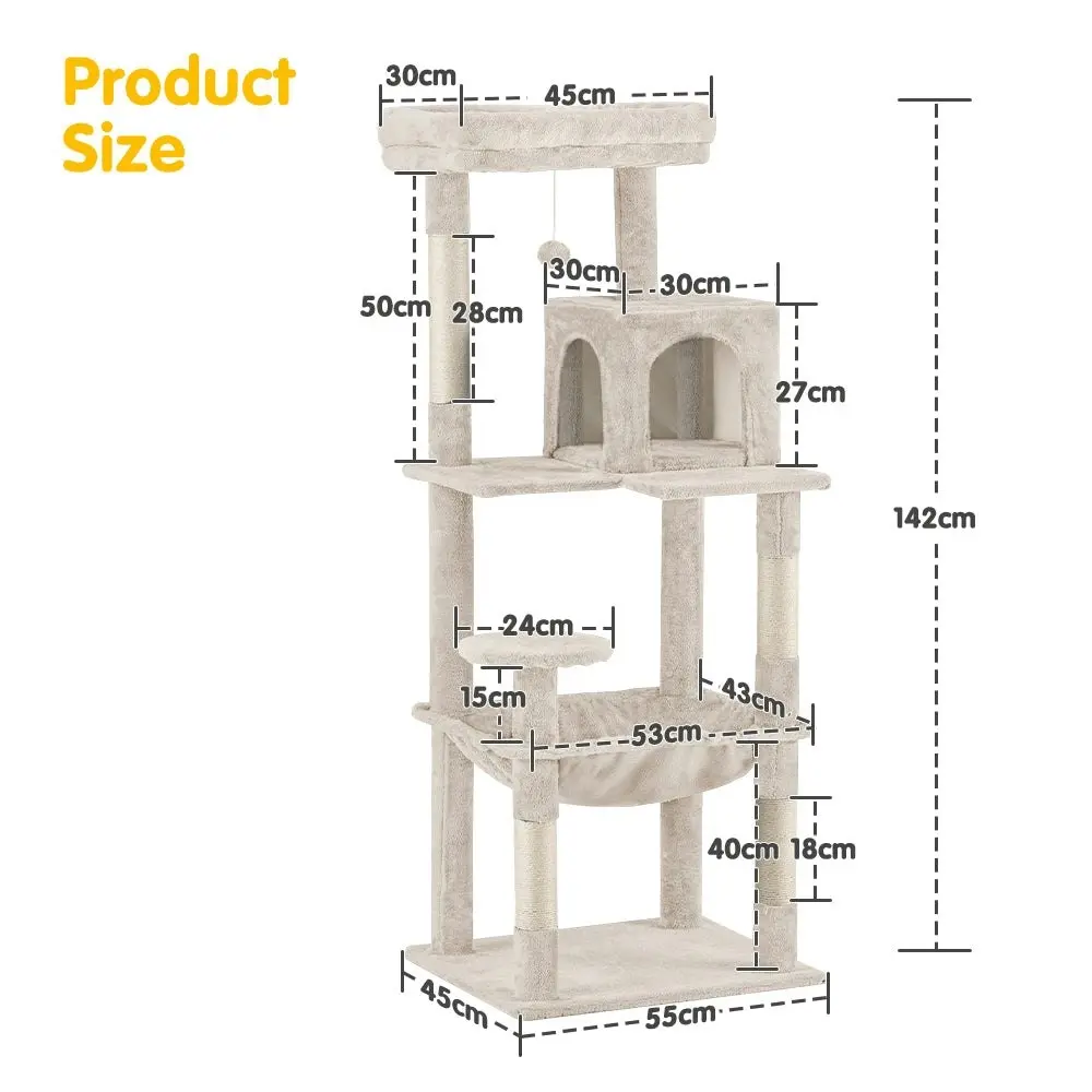 Petzly Cat Tree Tower Scratching Post Scratcher Condo House Bed 142cm Beige